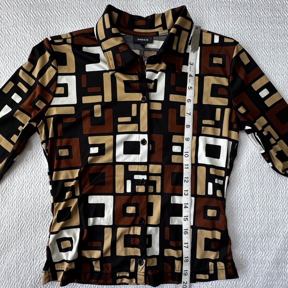 Vintage Retro Art Deco 70's Style Y2K Shirt Tie/Belt 3/4 Sleeves Brown Size XS - Picture 12 of 12